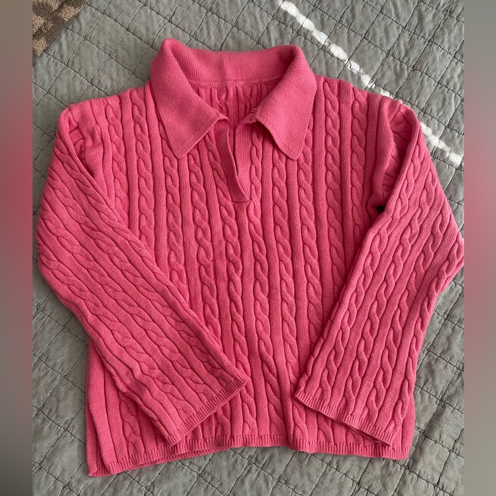 Pink Cable Knit Polo Sweater
